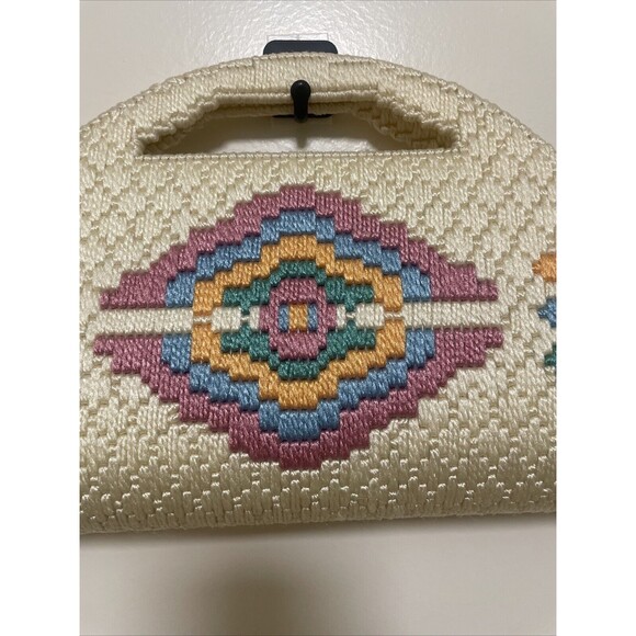 VTG Needlepoint Purse Tote Bag Clutch Handle Southwest Geometric Design Handmade - Picture 3 of 9